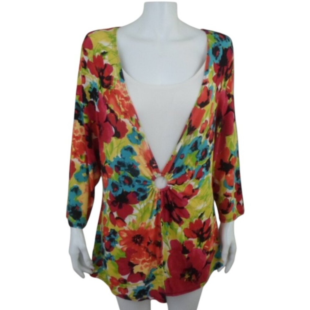 Choices Colorful Floral Stretchy Layered Look Tunic Top